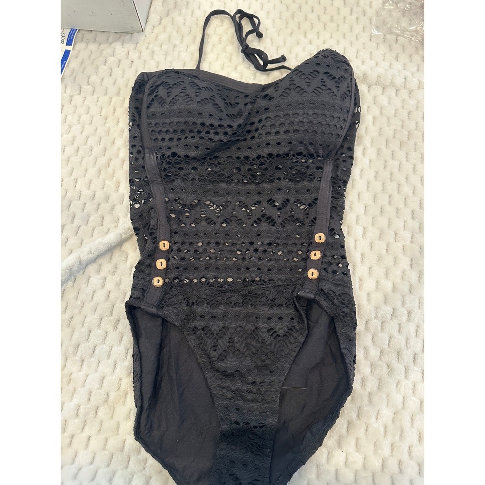 Choice by Bluewave Black Crochet Lace One Piece Swimsuit Halter Button Detail L - Picture 2 of 6